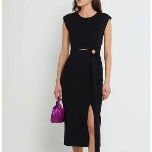 Kourt Courlis Cut Out Midi Dress Black Gathered Ring Waist Slit Size Small